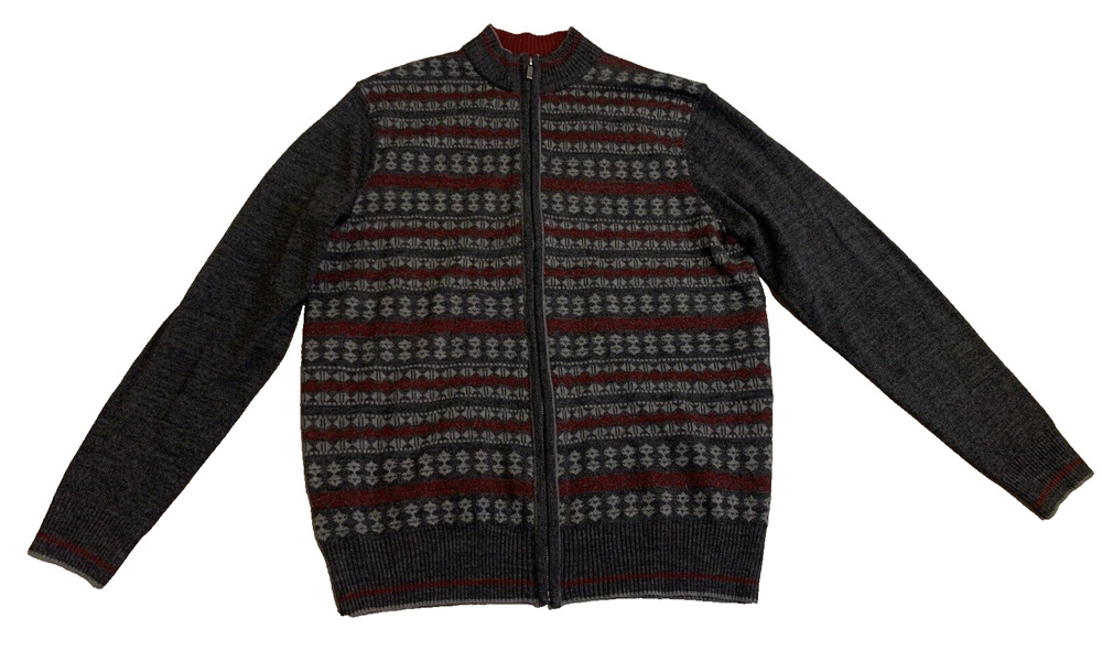 Geoffrey Beene Mens Cardigan Size Medium Dark Grey Fair Isle Preppy Academia
